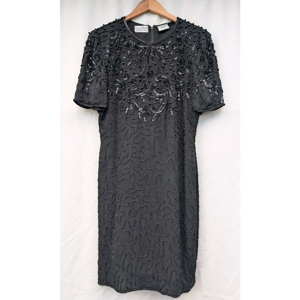 Vintage Beaded Drama Black‎ Silk Formal Evening Dress Sz L 80s 90s Cocktail